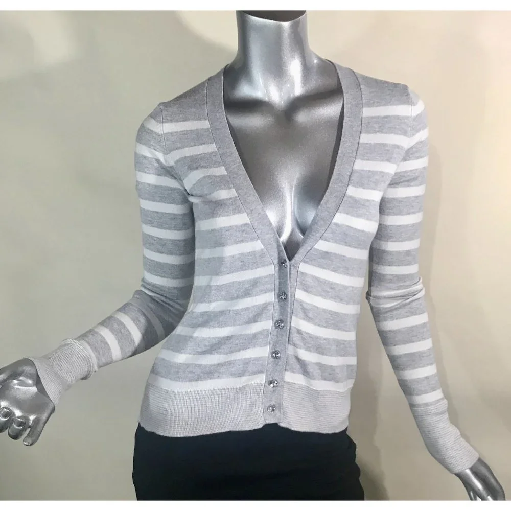 Express Women's XS Grey White Striped V Neck Cardigan Sweater Thin Knit Rhinesto